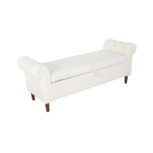 Beige Teddy Velvet Multifunctional Storage Rectangular Sofa Stool